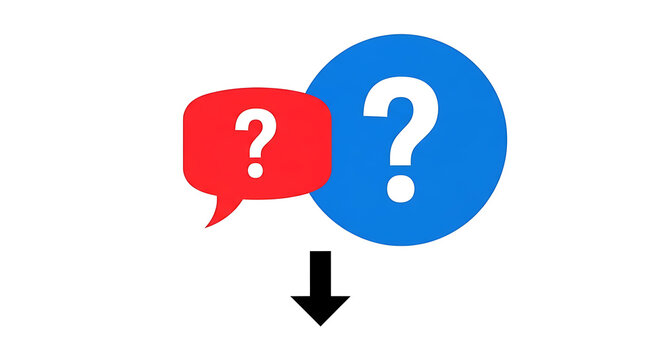 Red and blue question mark speech bubbles with downward arrow symbolizing inquiry or decision making