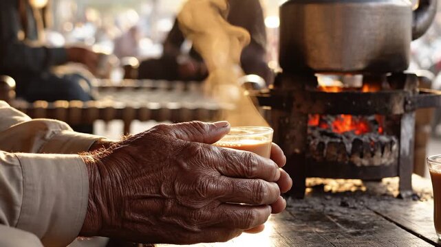 close-up of elderly hands warming up by fire in a traditional setting