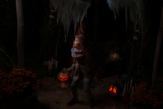 A little girl runs through the night forest escaping from ghosts.