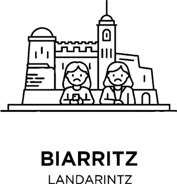 Biarritz Landmark Line Art Illustration with Sad Figures
