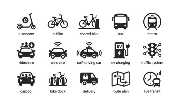 Urban mobility and transport icons for shared vehicles on white