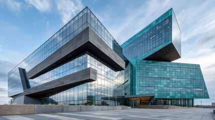 Fototapeta premium Modern deconstructivist building featuring a glass and copper paneled facade. Creating angular geometric forms and reflecting the sky during twilight hours