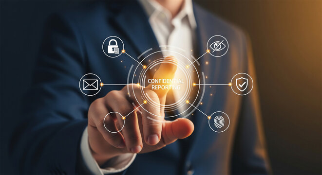Cybersecurity data protection interface, businessman touching glowing digital security icons, confidential information privacy and network safety concept