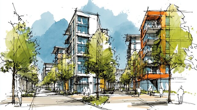 Modern architecture sketch illustrating urban planning with multi story apartment buildings, lush trees lining a pedestrian street, and numerous anonymous figures, presenting a vibrant city concept