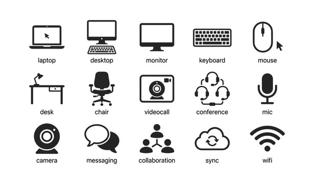 Office technology and communication icons arranged on white background