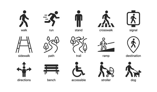 Pedestrian and park activity icons displayed on white background