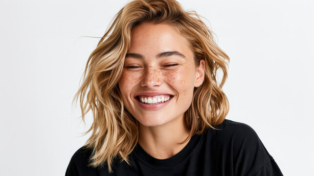 Young woman with natural freckles showing genuine joy and closed eyes, smiling broadly, depicting happiness, confidence, and positive emotion with wavy blond hair