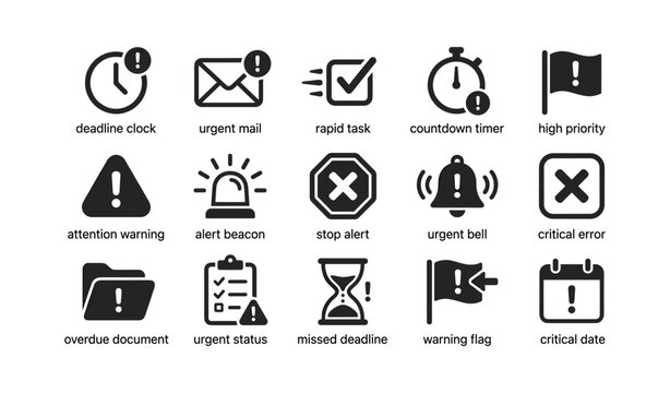 Urgent and warning icons displaying alerts and deadlines on white background