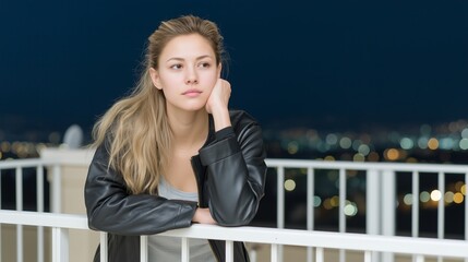Fototapeta premium Beautiful young woman leaning on a white balcony railing at night, surrounded by a peaceful urban atmosphere with blurred city lights and beautiful bokeh in the background.