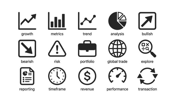Finance icons displaying charts and labels on white background