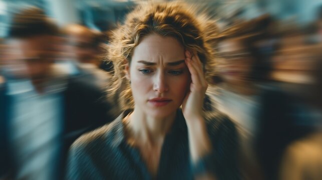 Stressed young woman touching her forehead, experiencing a severe headache, panic attack, or anxiety in a busy crowded place. Mental health, burnout, sensory overload, and stressful urban lifestyle.