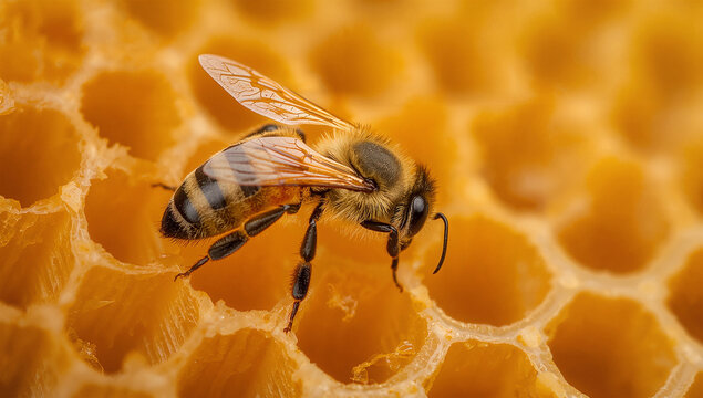 養蜂の蜂の巣でミツバチが蜜ろうの六角形に触れている