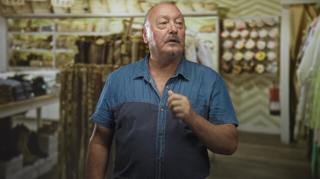 Man with finger to lips for silence in a fabric shop aisle inside a building, holding index finger to mouth; quiet secrecy.