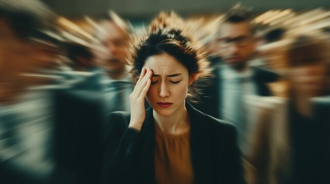 Stressed young woman touching her forehead, experiencing a severe headache, panic attack, or anxiety in a busy crowded place. Mental health, burnout, sensory overload, and stressful urban lifestyle.