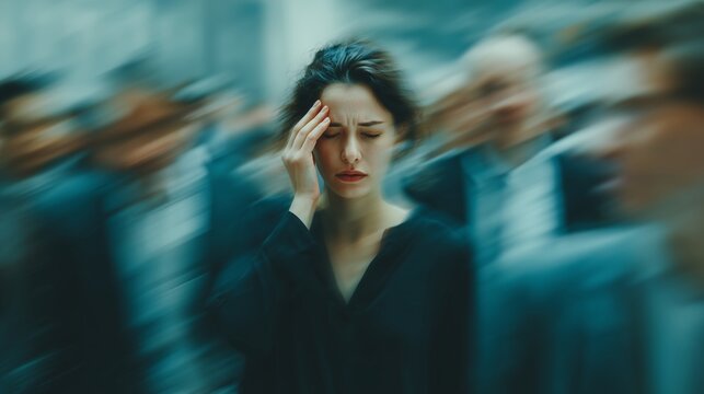 Stressed young woman touching her forehead, experiencing a severe headache, panic attack, or anxiety in a busy crowded place. Mental health, burnout, sensory overload, and stressful urban lifestyle.