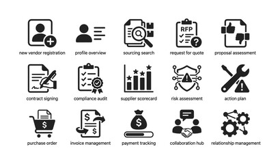 Naklejka premium Vendor and procurement icons arranged in grid on white background