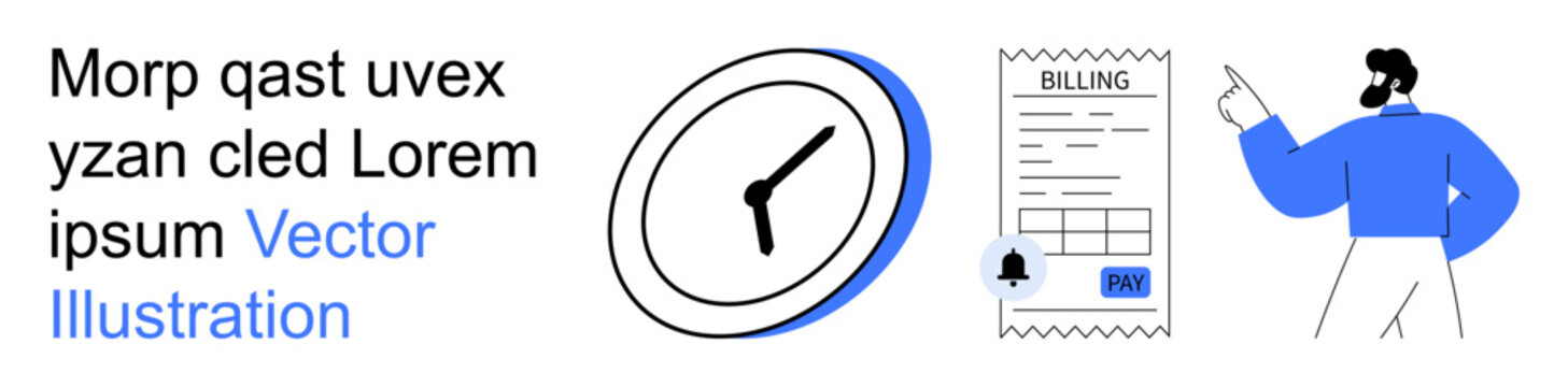Time management, billing, payment, finance, scheduling, deadlines. A man pointing at a billing invoice and a clock icon. Time management and billing concepts for financial planning