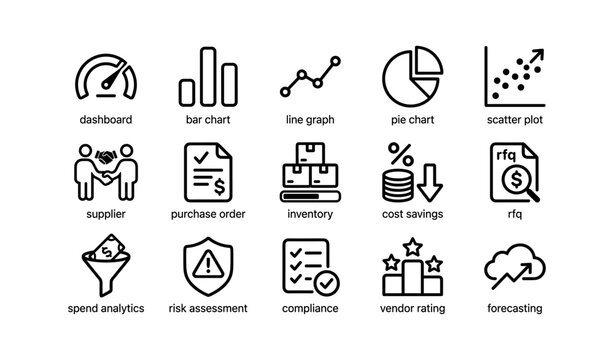 Business and analytics icons showing charts and procurement on white