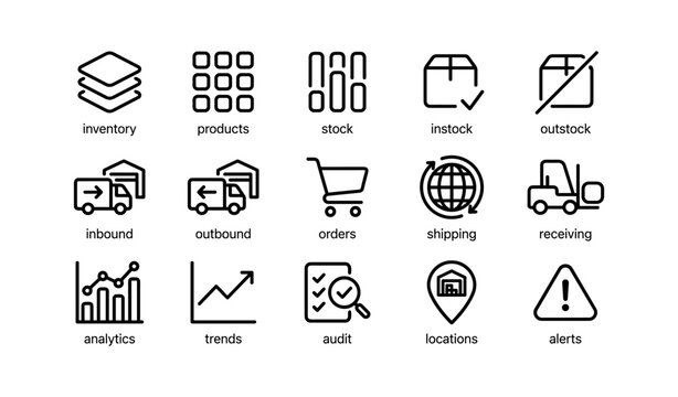 Logistics and inventory icons showing warehouse operations on white