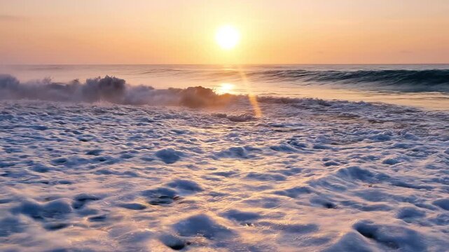 serene beach sunset with ocean waves and golden sand