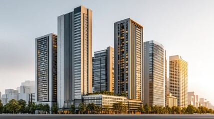 Fototapeta premium Modern Urban Skyscrapers Under Clear Sky with Golden Hour Light Illuminating Contemporary Architecture and Cityscape