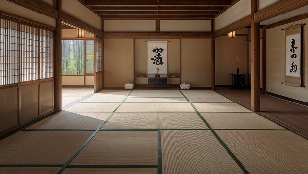 禅寺の畳の間で座布団と掛け軸が瞑想の静寂を作っている