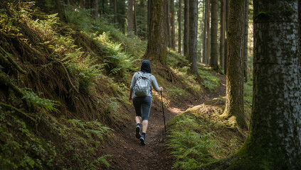 Obraz premium 朝の森の登山道で日本人女性がリュックを背負って歩いている