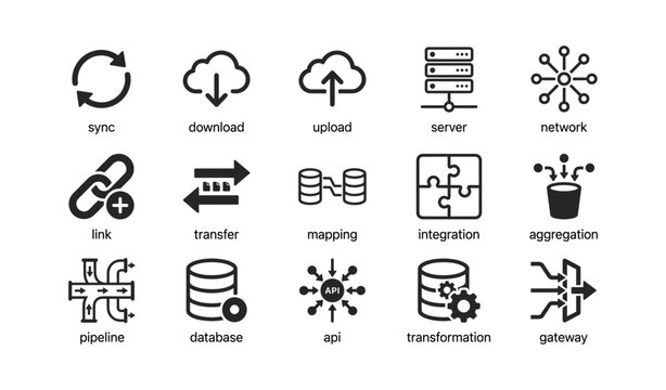 Data integration and cloud service icons arranged on white background