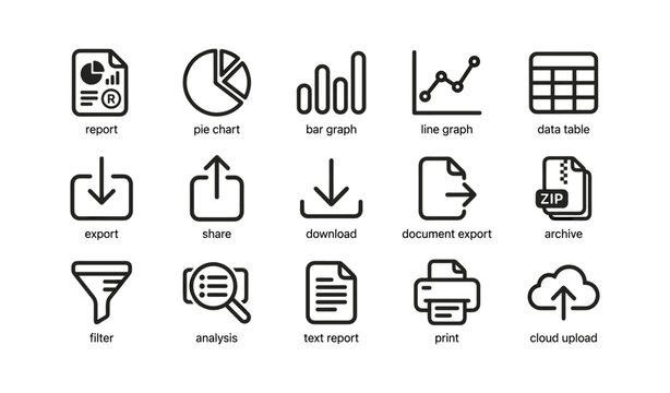 Data and export icons arranged in rows on white background
