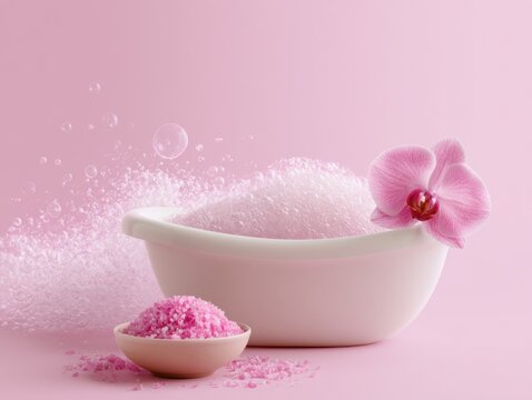 Playful spa scene with mini bathtub full of foam, pink orchid and bath salts on pink background, soft feminine composition evoking relaxation and self care.