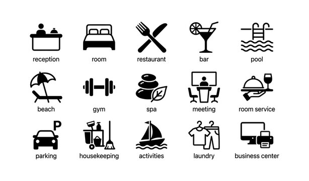 Hotel amenity icons showing services and facilities in grid