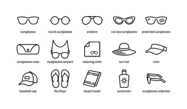 Sunglass and accessory icons shown in grid with labels