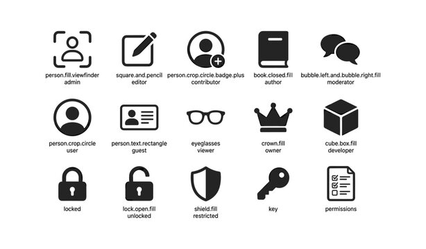 User roles and security icons arranged on white background