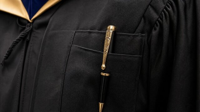 Close-up of Luxury Gold Pen in Graduation Gown Pocket Symbolizing Academic Success