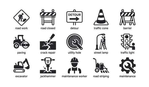 Road work and maintenance icons arranged in grid on white