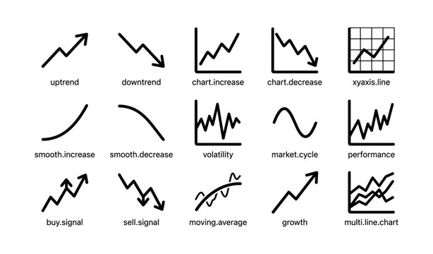 Financial charts and trend icons arranged on white background