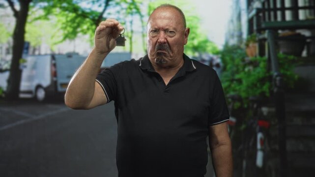 Man holds home keys in hand, scowling and grimacing while raising the keys on a street; frustration grievance.