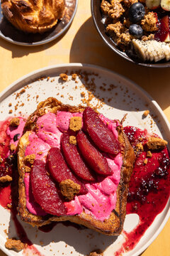 rhubarb french toast with berry compote at brunch restaurant