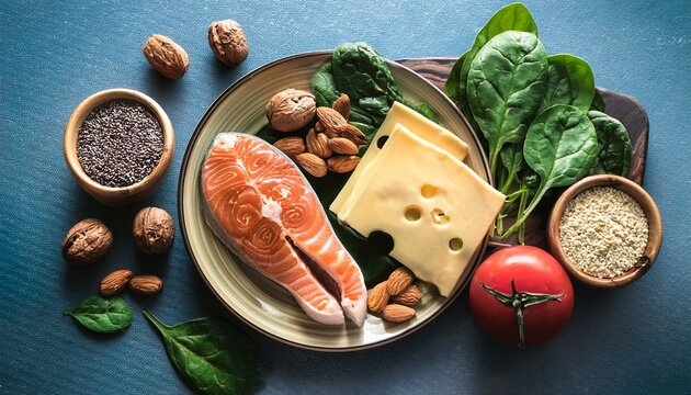 keto food low carb ingredient nut avocado salmon spinach cheese seed tomato