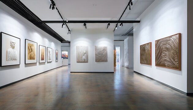 modern art gallery interior with white walls and sculptures