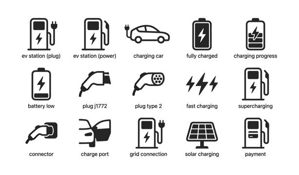 Electric vehicle charging icons arranged in grid on white background