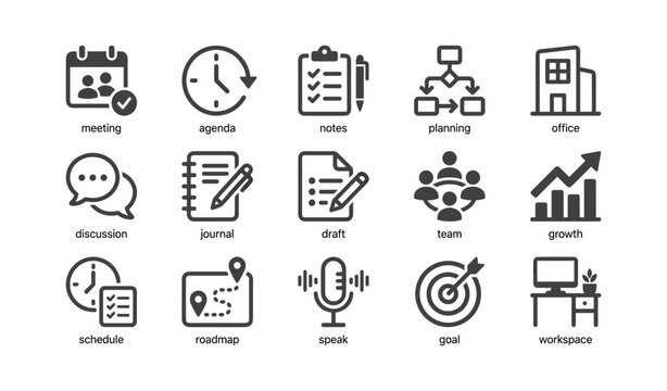 Office and meeting icons arranged in grid on white background