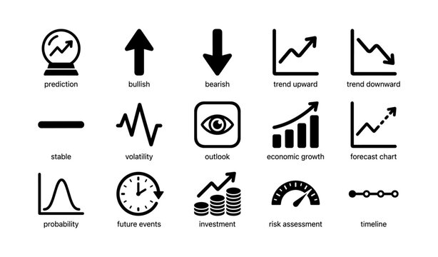 Finance icons showing forecast and trend indicators on white