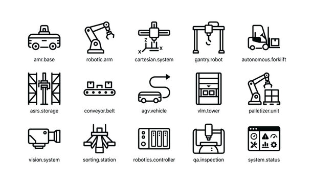 Warehouse robotics icons arranged in grid on white background