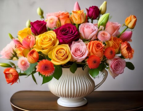 a vibrant bouquet of roses and other spring flowers in shades of pink red orange and yellow is arranged in an ornate white vase