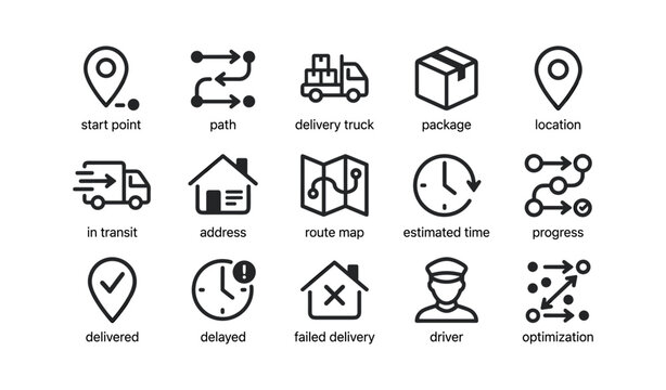 Logistics and route icons showing delivery progress and status