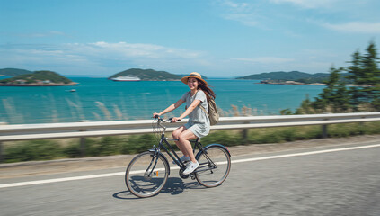Fototapeta premium 海沿いの道で日本人女性が自転車に乗り島旅を楽しんでいる