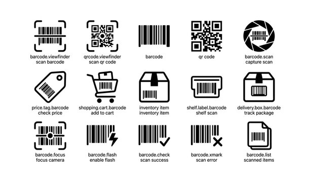 Barcode and qr icons showing scanning and inventory on white