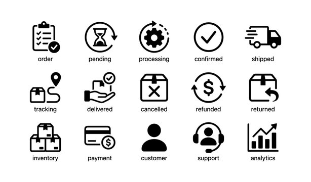 Order and delivery status icons arranged on white background