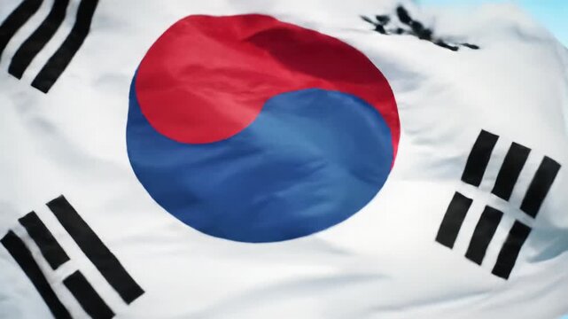 extreme close-up video of the south korean taegukgi, with red/blue taegeuk and black trigrams, waving gracefully on a blurred pastel background, national pride concept